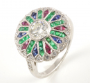 Platinum Diamond, Emerald, Ruby and Sapphire Ring