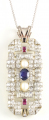 18ct White Gold Sapphire, Pearl, Ruby, Diamond Pendant