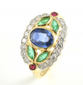 9ct Gold Sapphire, Emerald, Diamond and Ruby Cluster Ring