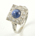 Platinum Cabochon Sapphire and Diamond Art Deco Cluster Ring